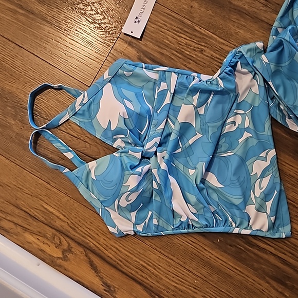 XS walk on the beach tankini w/ skirt teal blue floral print. NWT liner attached - Picture 3 of 6